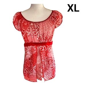 Y2K Vintage sz XL Red & White Layered Peasant Top Milkmaid Blouse